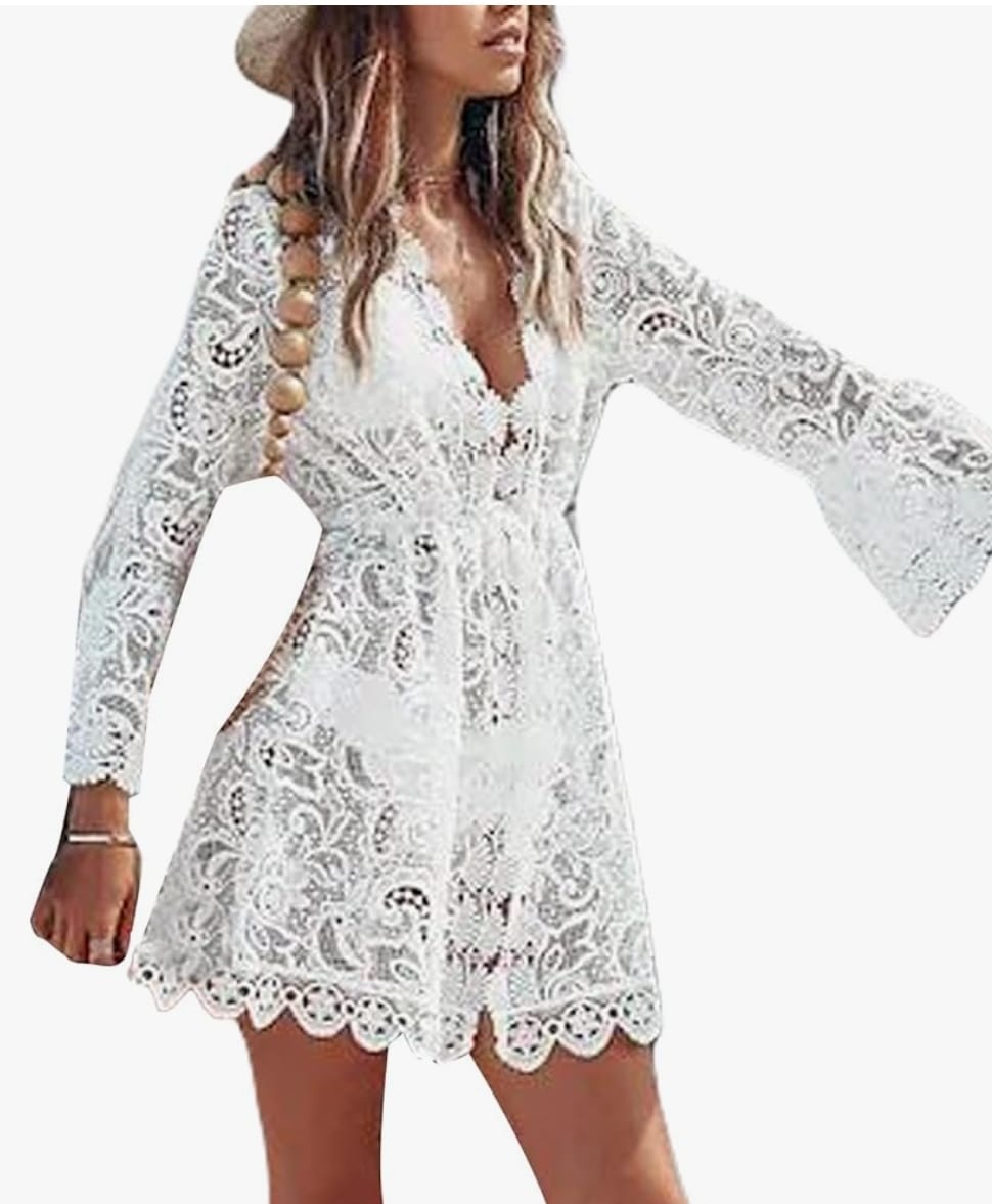 Womens Lace Bikini Cover Ups lace Print Long Sleeve Mini Dress V-neck Summer Beach Dress Swimsuit