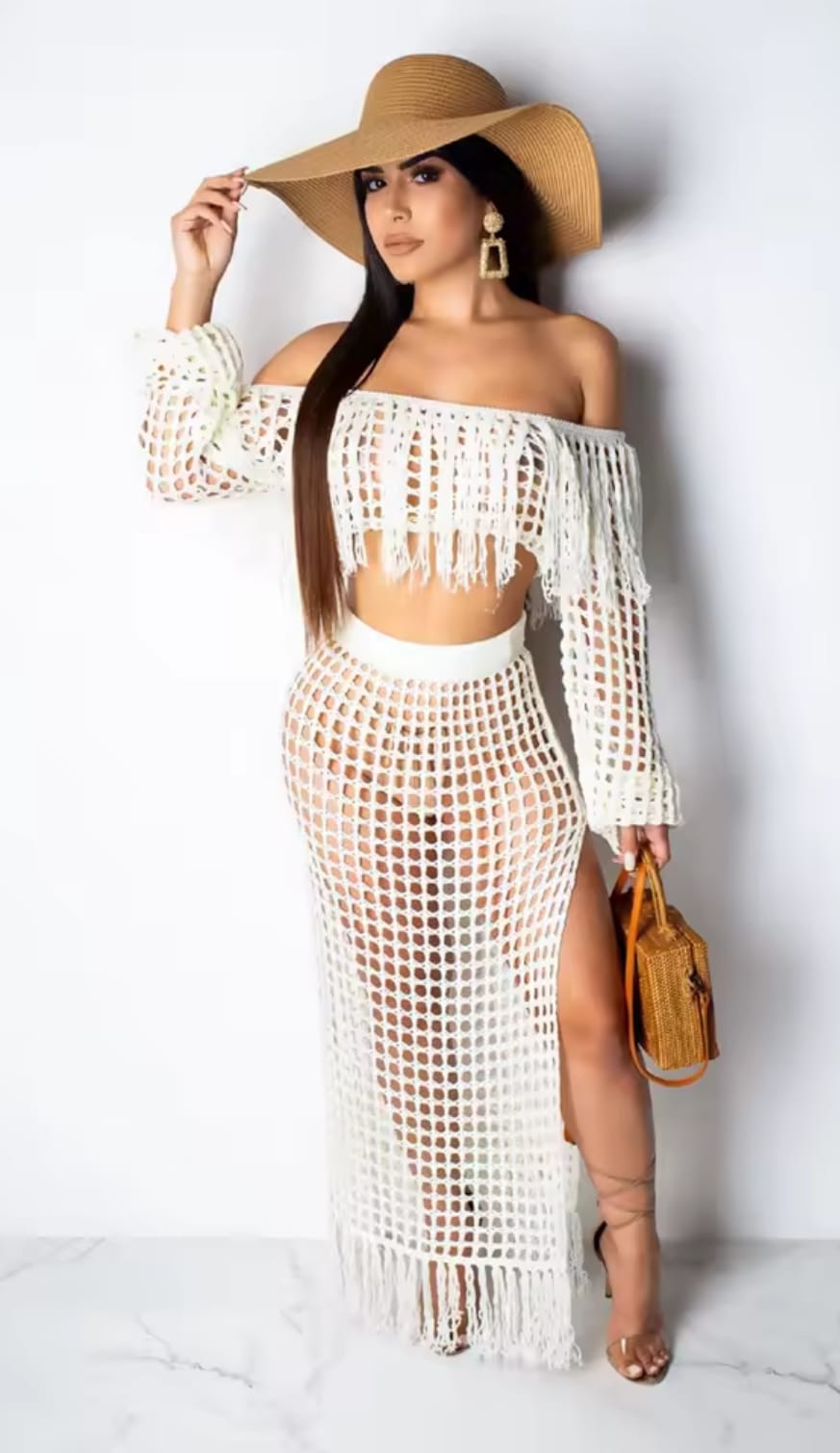 High Quality Women Sexy Two Piece Skirt Set - Tassel Hollow Out Off Shoulder High Split Cover Up Bikini Beach Dresses