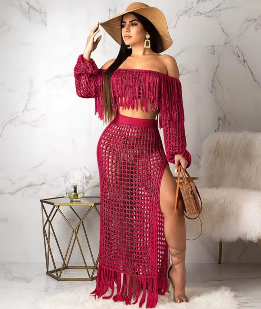 High Quality Women Sexy Two Piece Skirt Set - Tassel Hollow Out Off Shoulder High Split Cover Up Bikini Beach Dresses