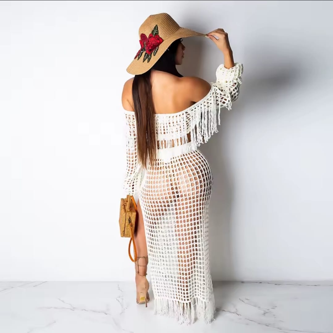 High Quality Women Sexy Two Piece Skirt Set - Tassel Hollow Out Off Shoulder High Split Cover Up Bikini Beach Dresses