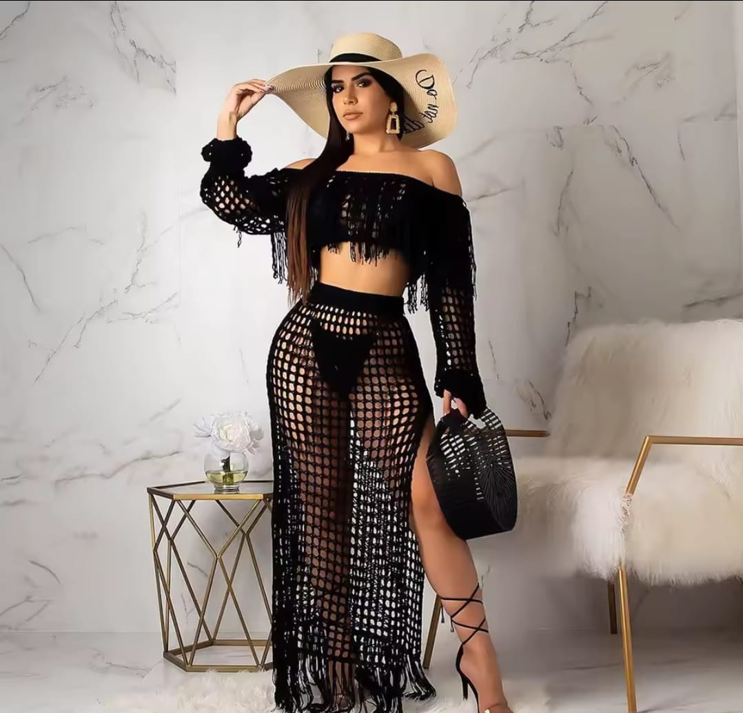High Quality Women Sexy Two Piece Skirt Set - Tassel Hollow Out Off Shoulder High Split Cover Up Bikini Beach Dresses