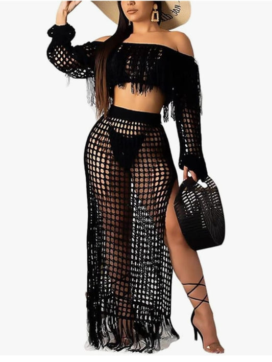High Quality Women Sexy Two Piece Skirt Set - Tassel Hollow Out Off Shoulder High Split Cover Up Bikini Beach Dresses