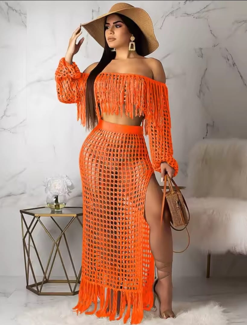 High Quality Women Sexy Two Piece Skirt Set - Tassel Hollow Out Off Shoulder High Split Cover Up Bikini Beach Dresses