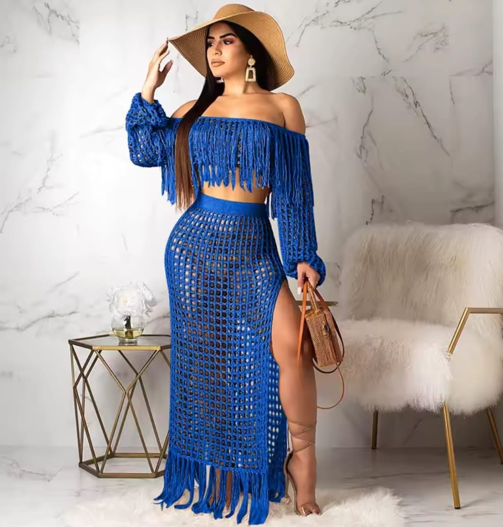 High Quality Women Sexy Two Piece Skirt Set - Tassel Hollow Out Off Shoulder High Split Cover Up Bikini Beach Dresses